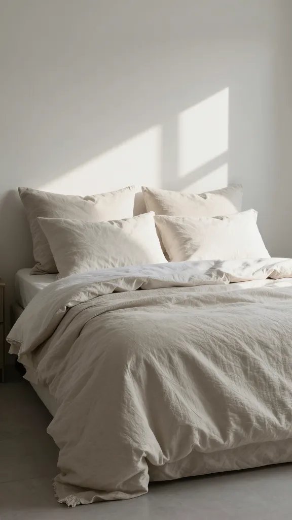 Monochromatic bedroom, layered neutral textiles, morning light.