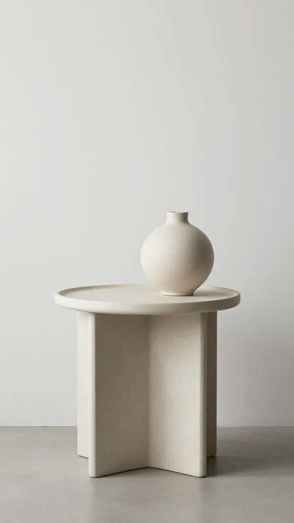 Minimalist side table, textured ceramic vase, neutral tones.