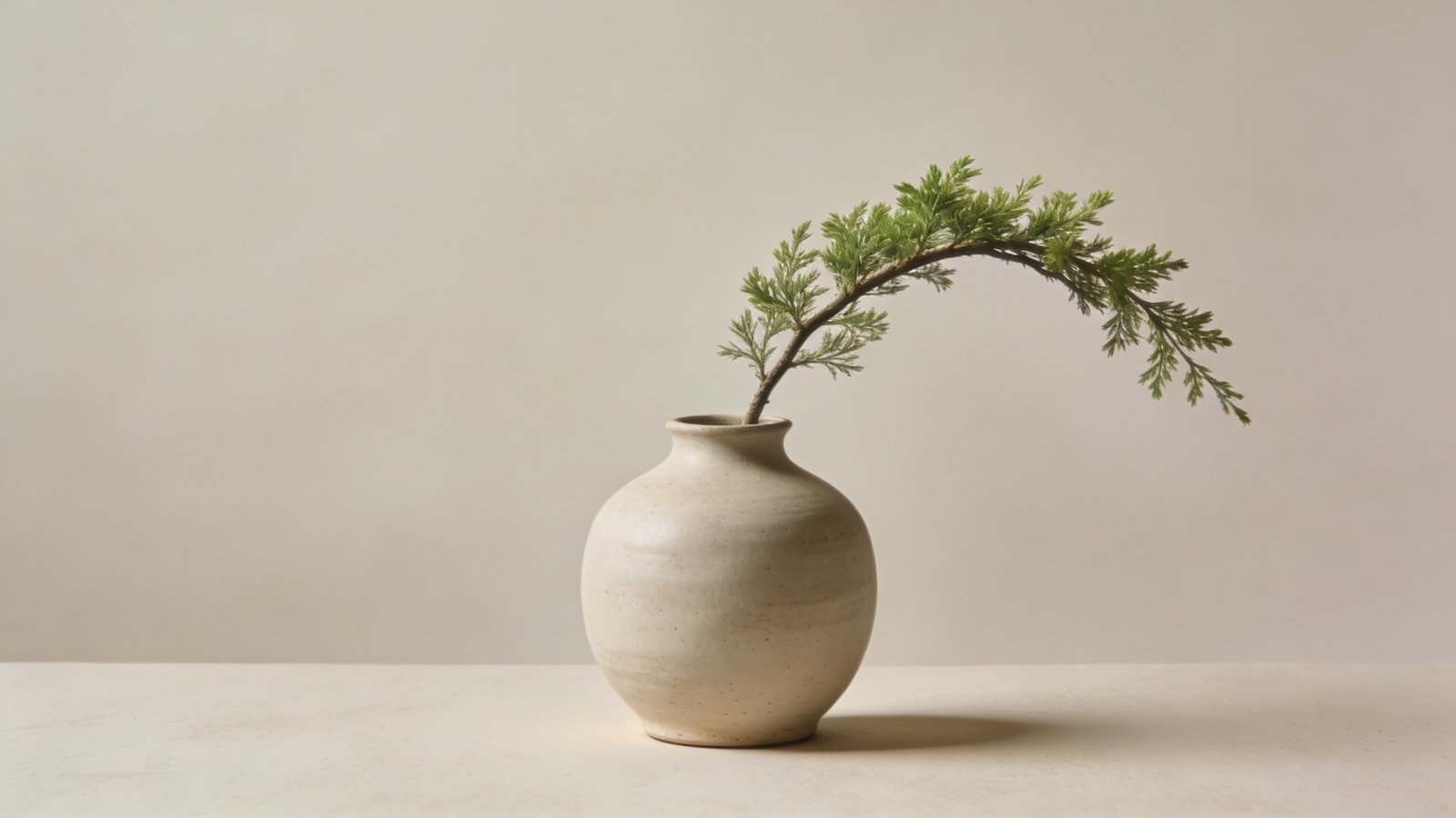Minimalist vase, single branch, neutral background.