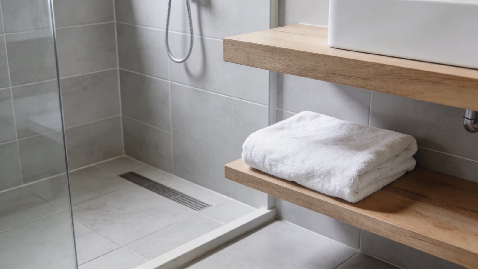 Serene bathroom, light grey tiles, white towel.