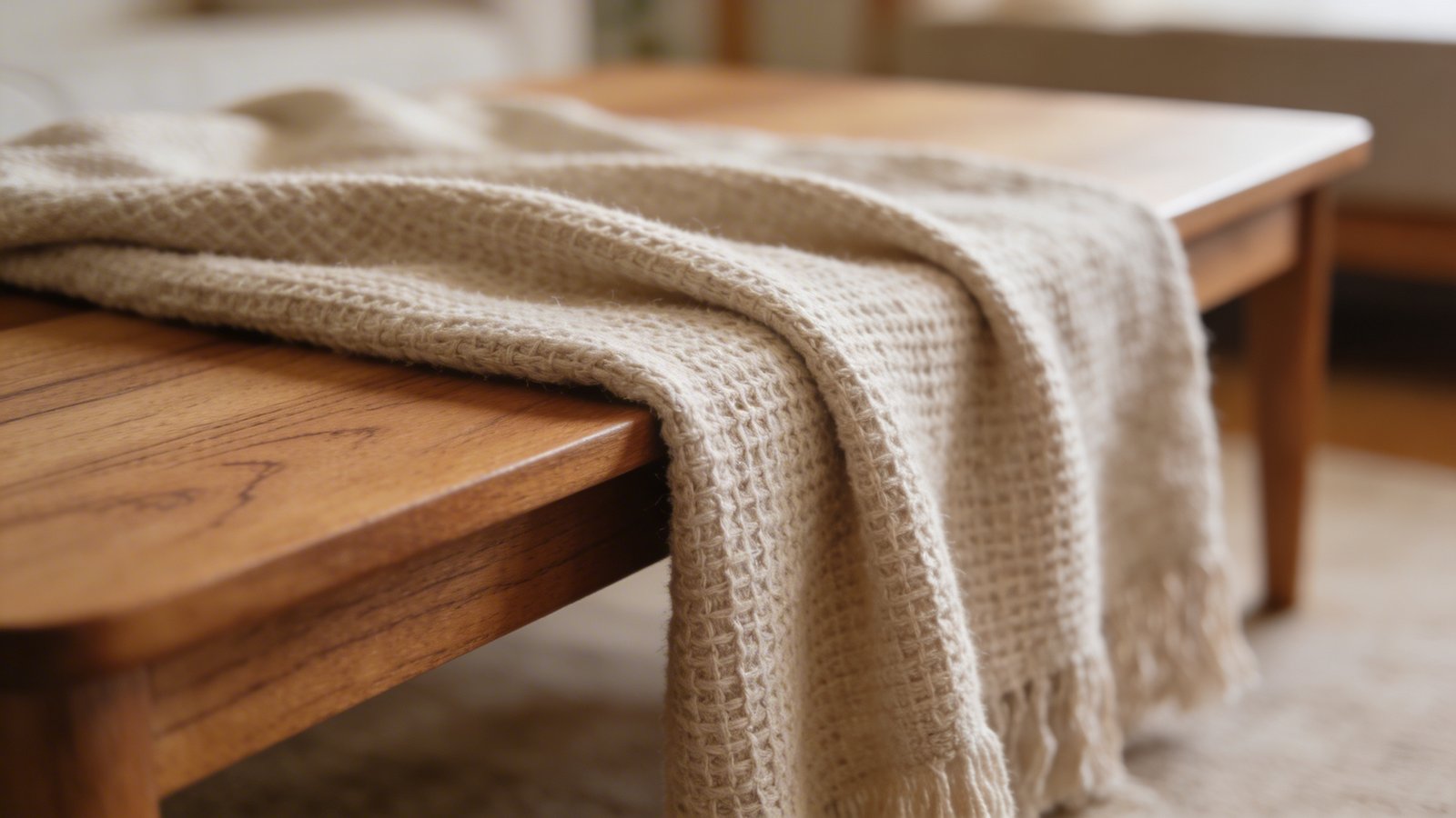 Textured neutral throw, warm wood coffee table.