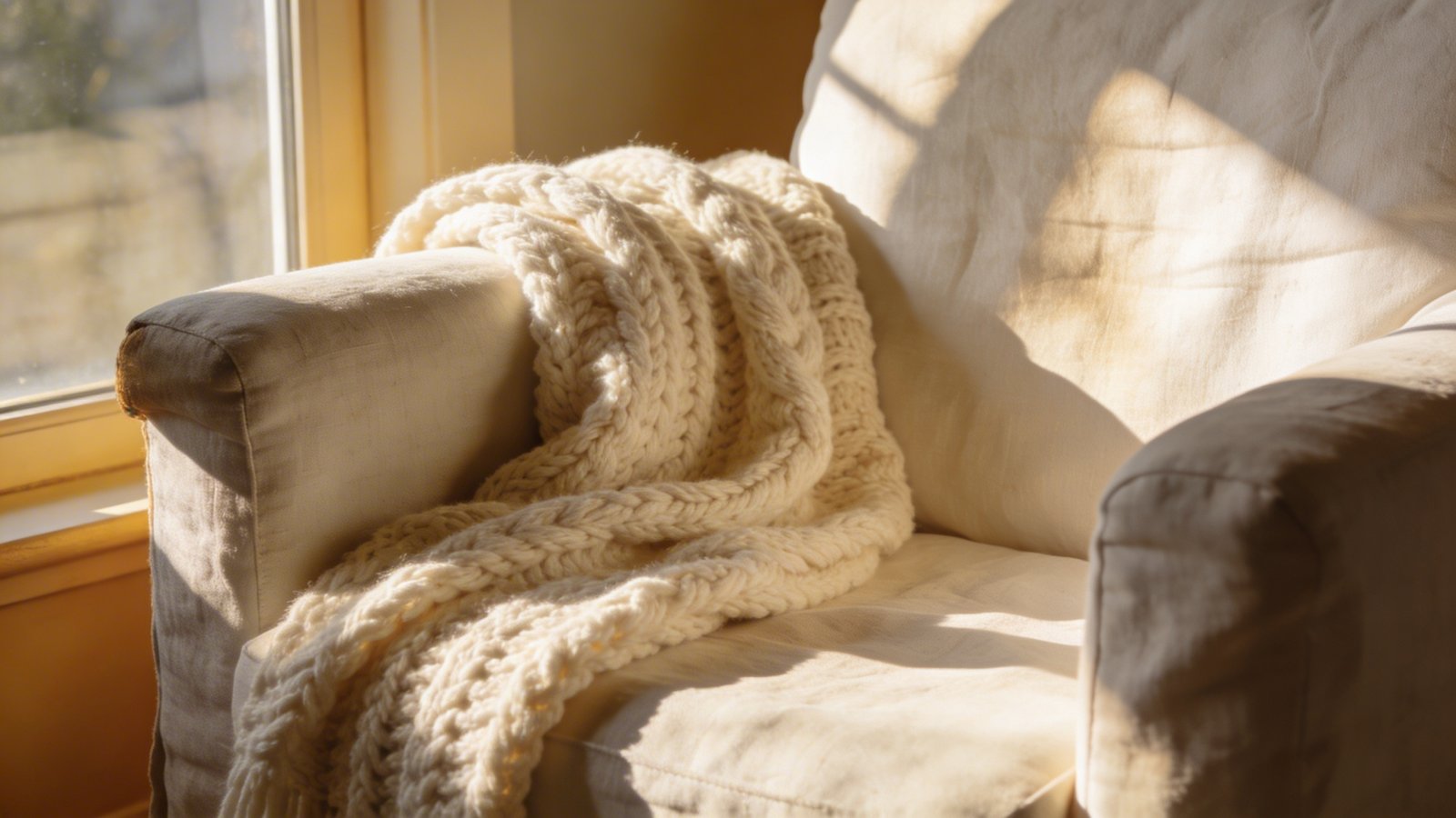 Cozy linen armchair, chunky knit throw, sunlight.