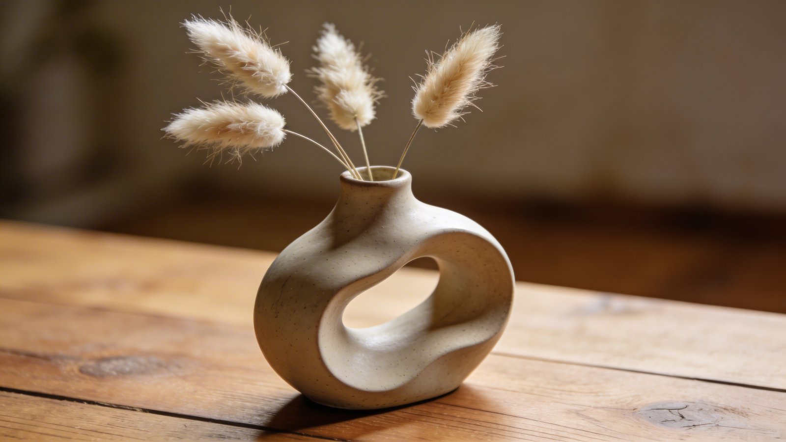 Organic ceramic vase, feathery pampas grass, wood.