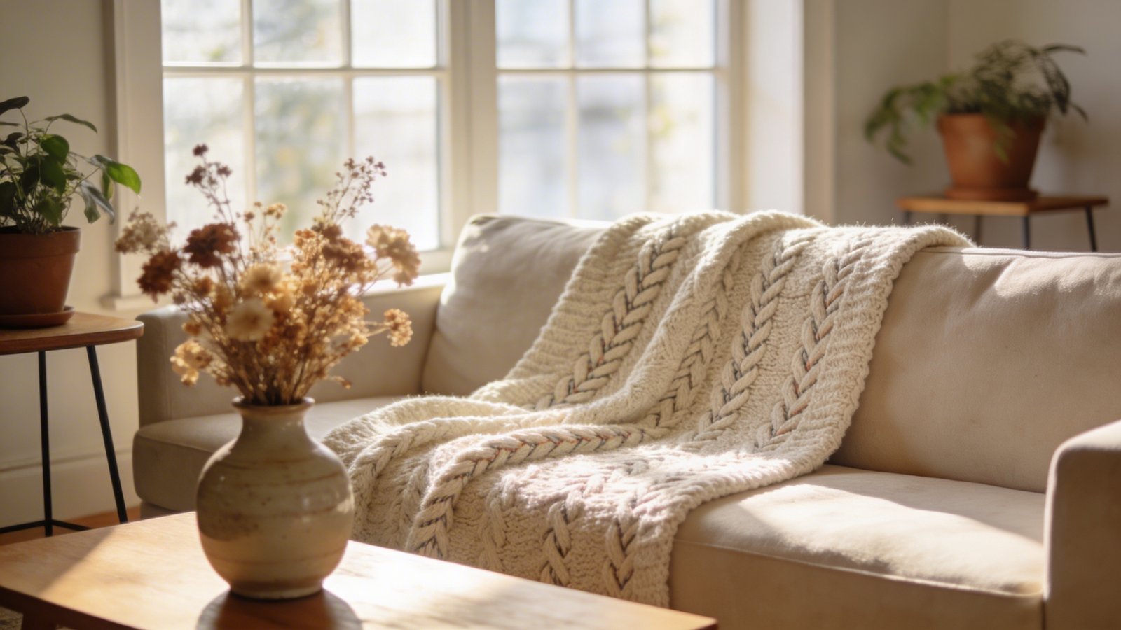 Cozy beige living room, textured throw, sunlight.