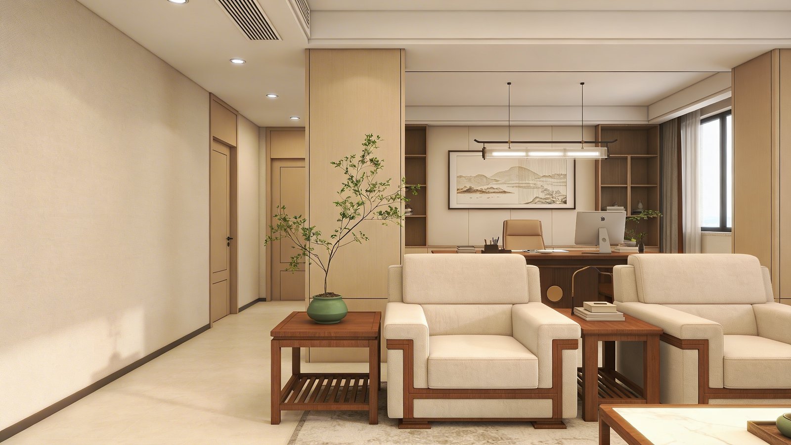 Warm beige interior, subtle green plant, professional.
