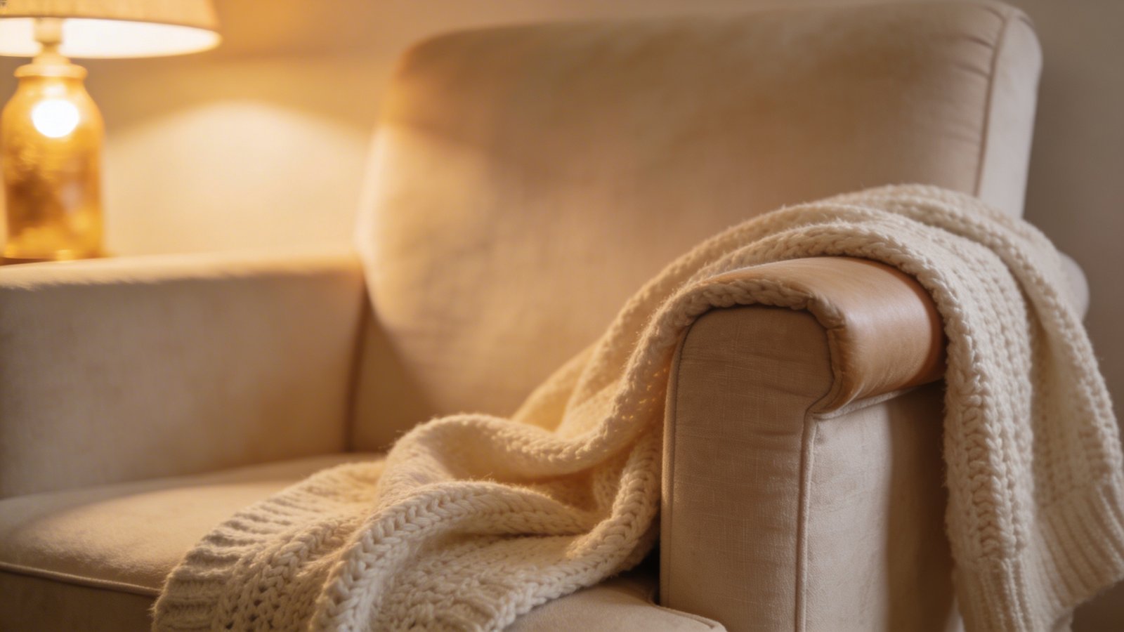 Inviting beige armchair, soft blanket, warm glow.