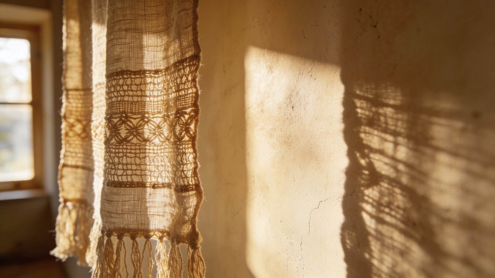 Timeless beige wall, textured fabric detail, sunlight.