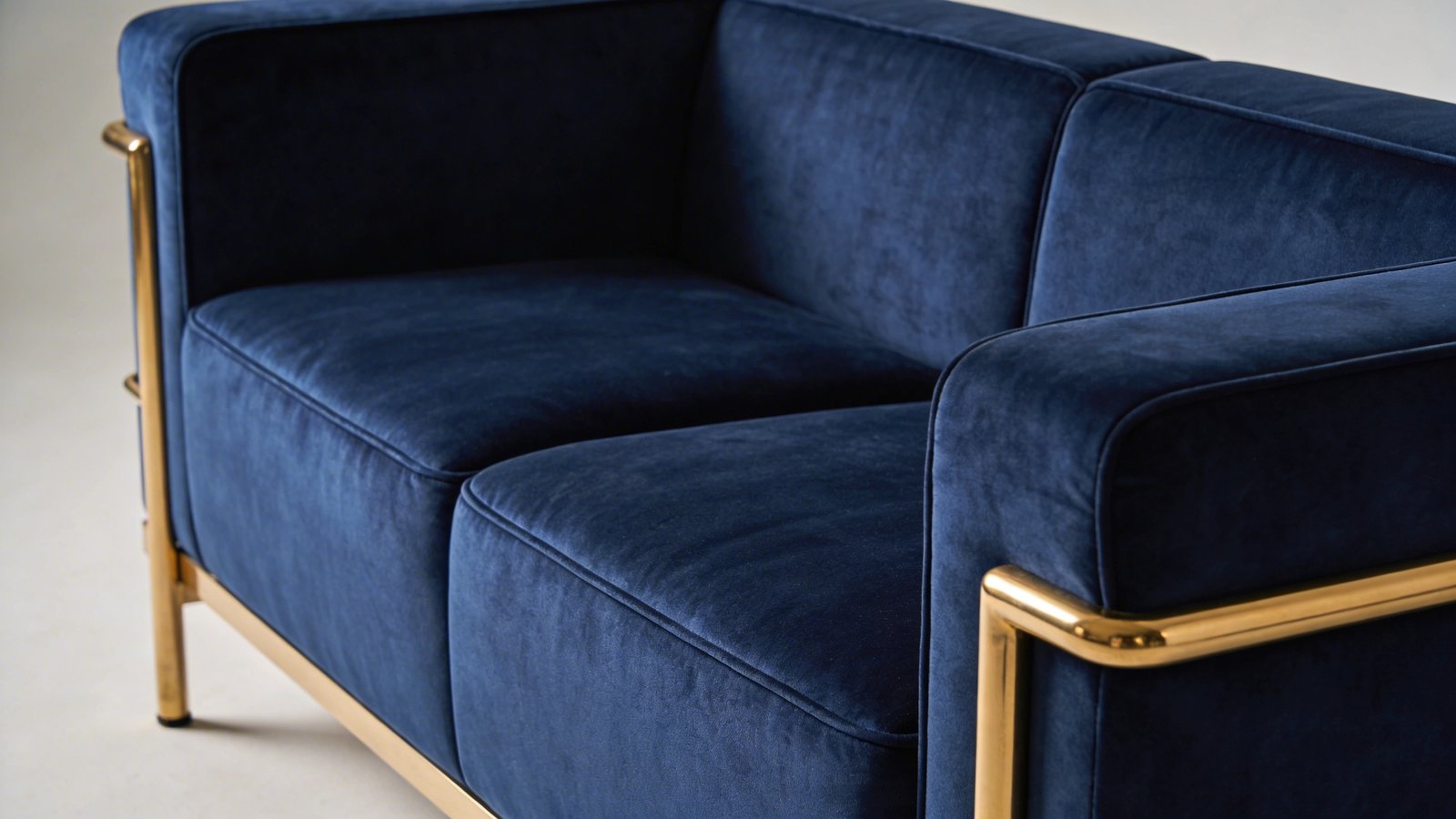 Elegant navy blue velvet sofa, gold accents.