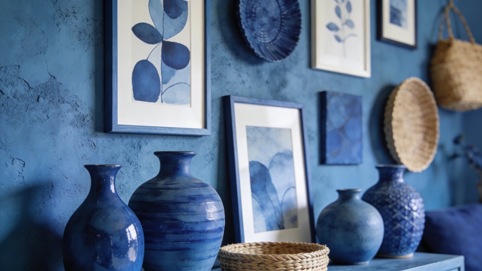 Textured blue wall, various blue decor elements.