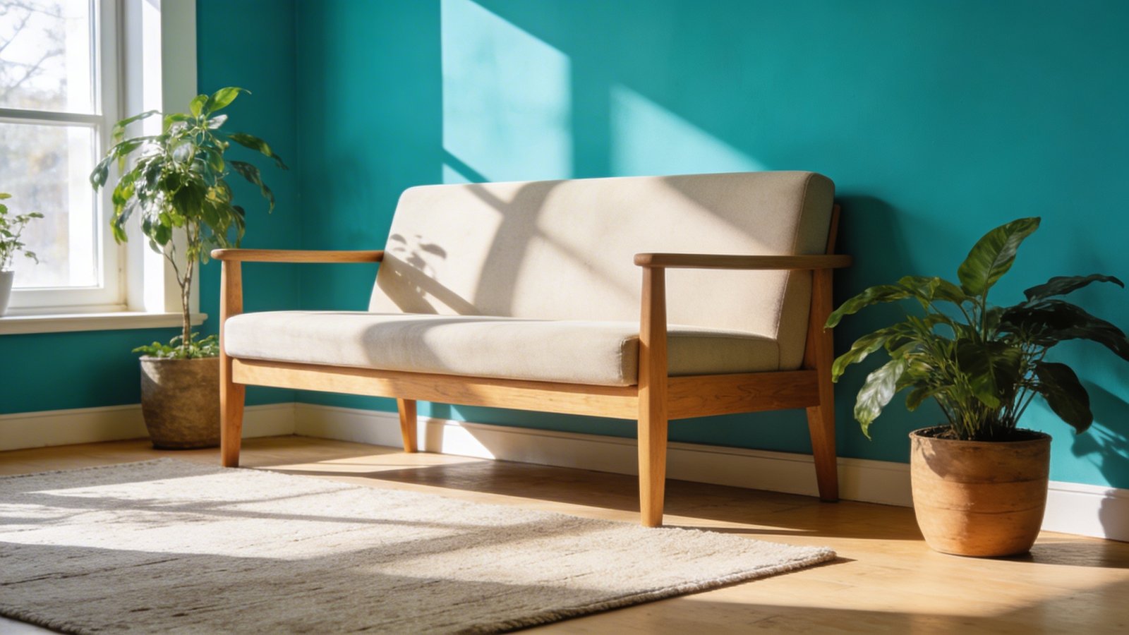 Bright teal accent wall, sunny natural light.