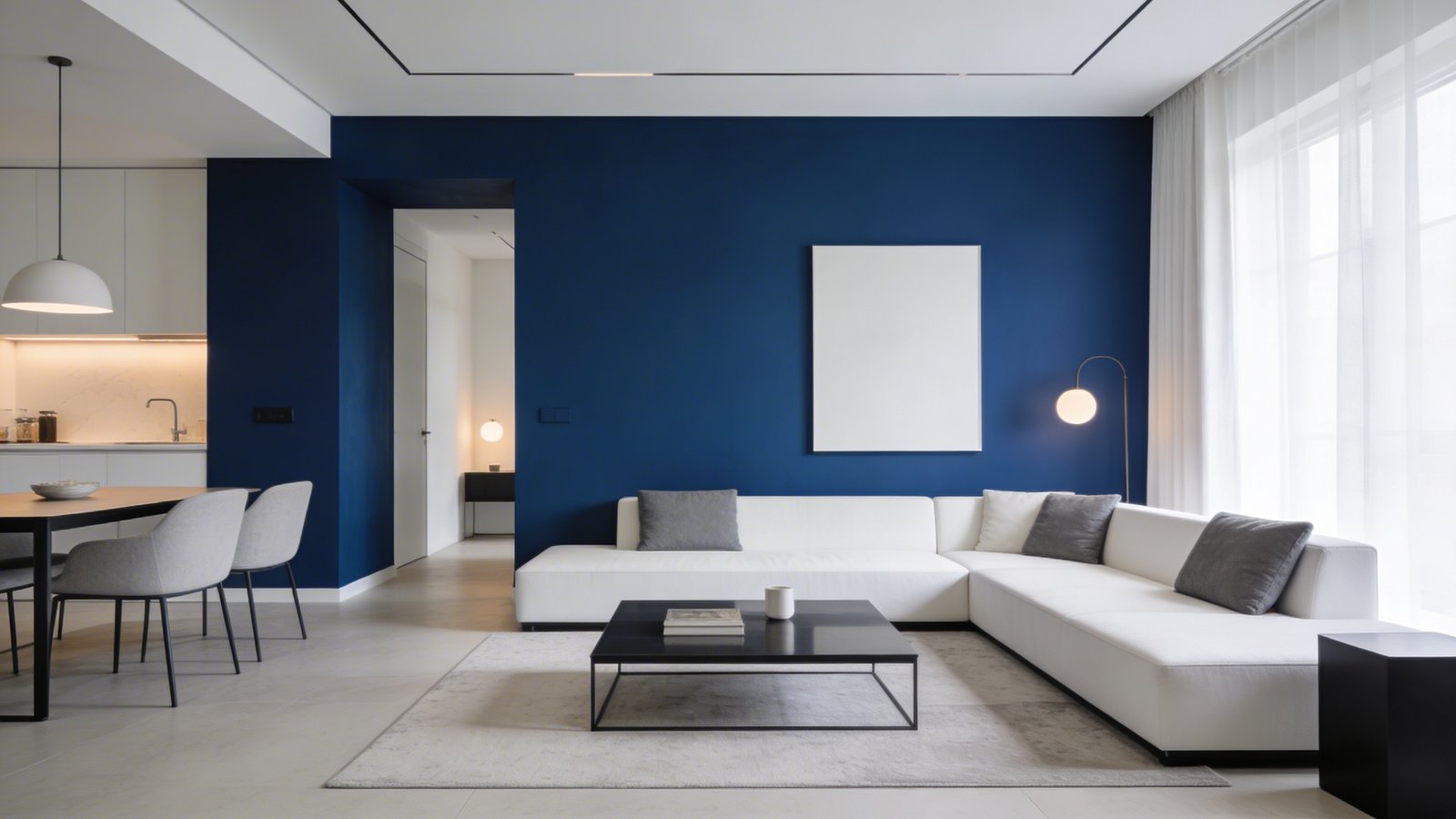 Bold cobalt blue statement wall, minimalist furniture.