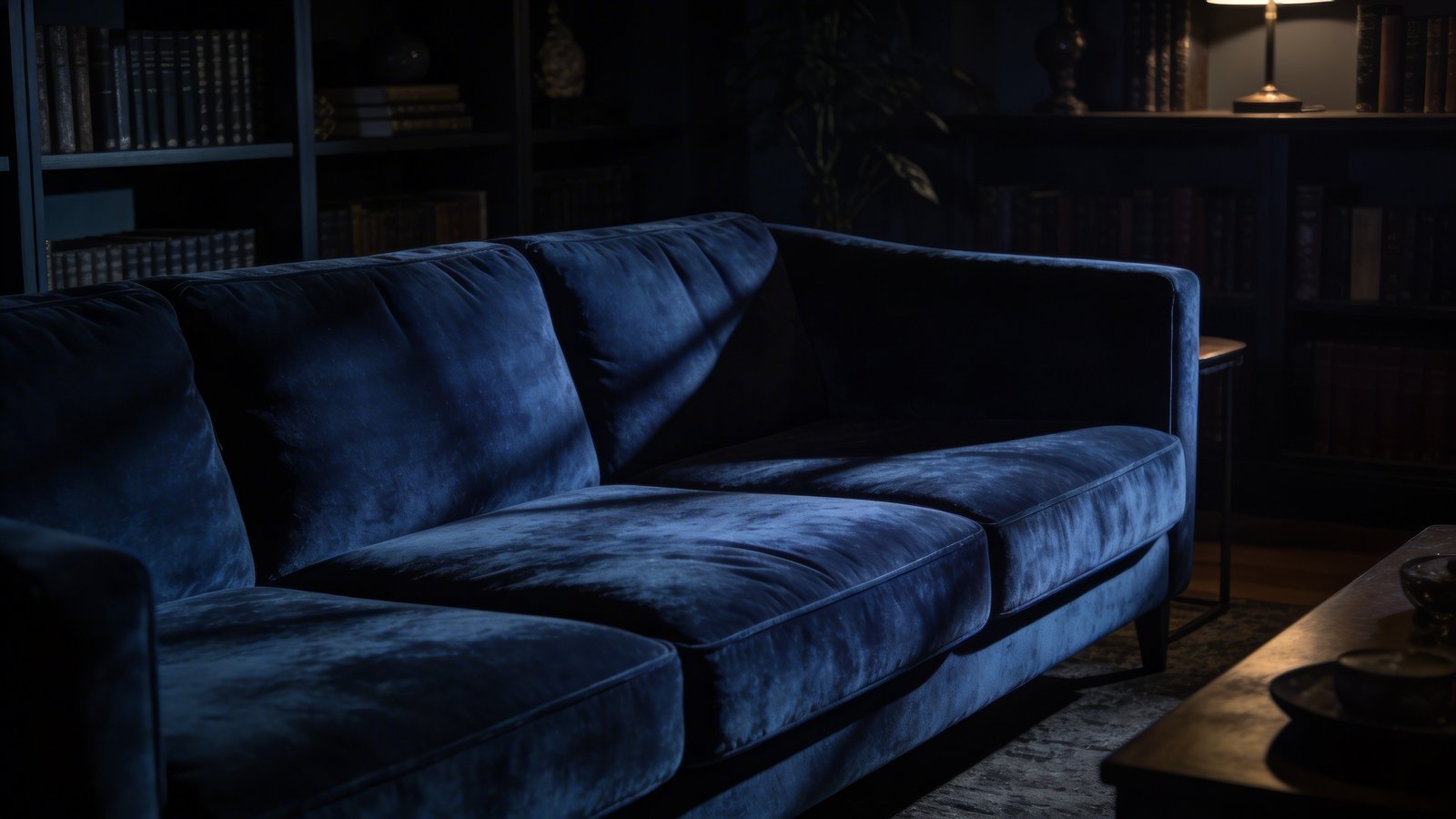 Moody navy blue velvet sofa in a dimly lit den