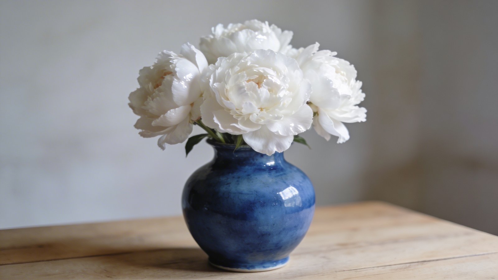 Indigo ceramic vase with fresh white peonies