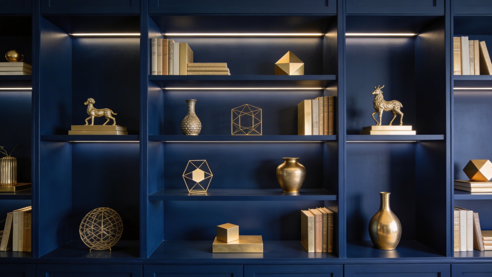 Navy blue bookshelf with gold-toned decor accents
