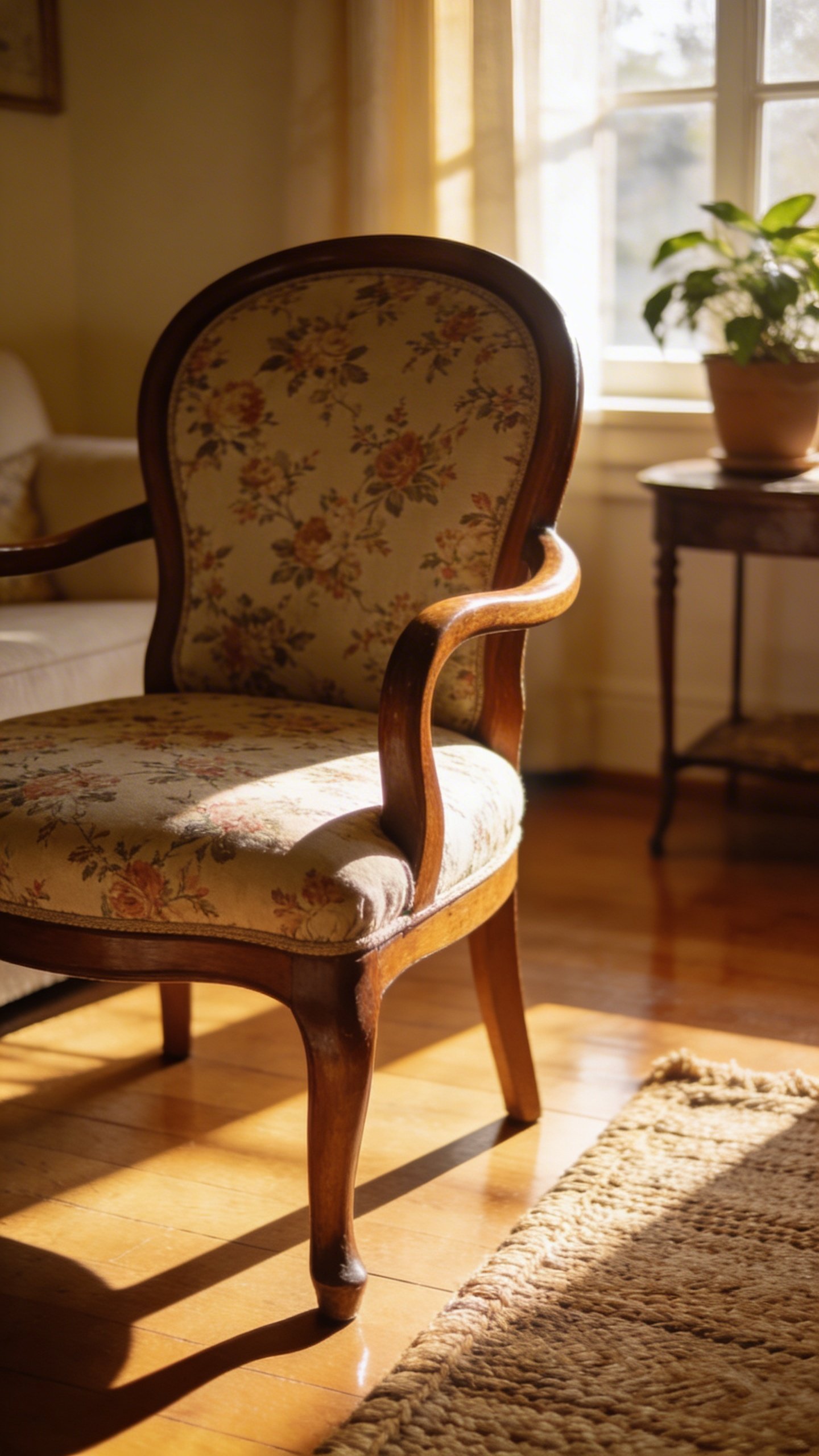 Vintage chair as focal anchor in sunlit living room