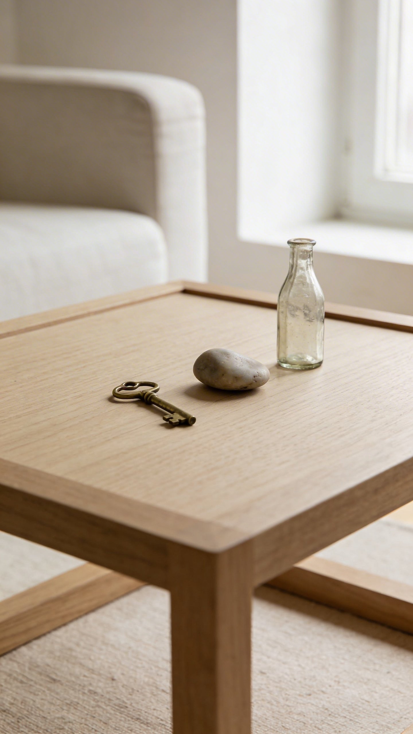 Minimal coffee table styled with found treasures