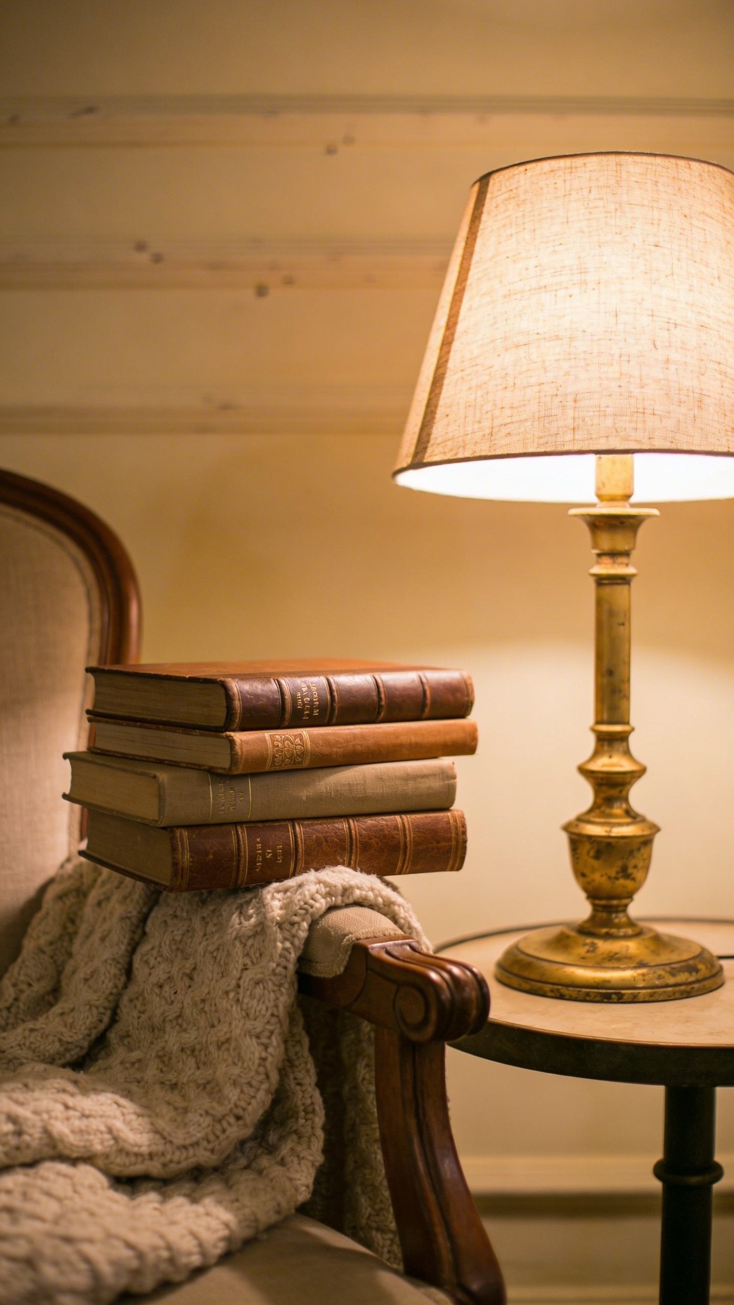 Cozy reading nook with vintage lamp and books