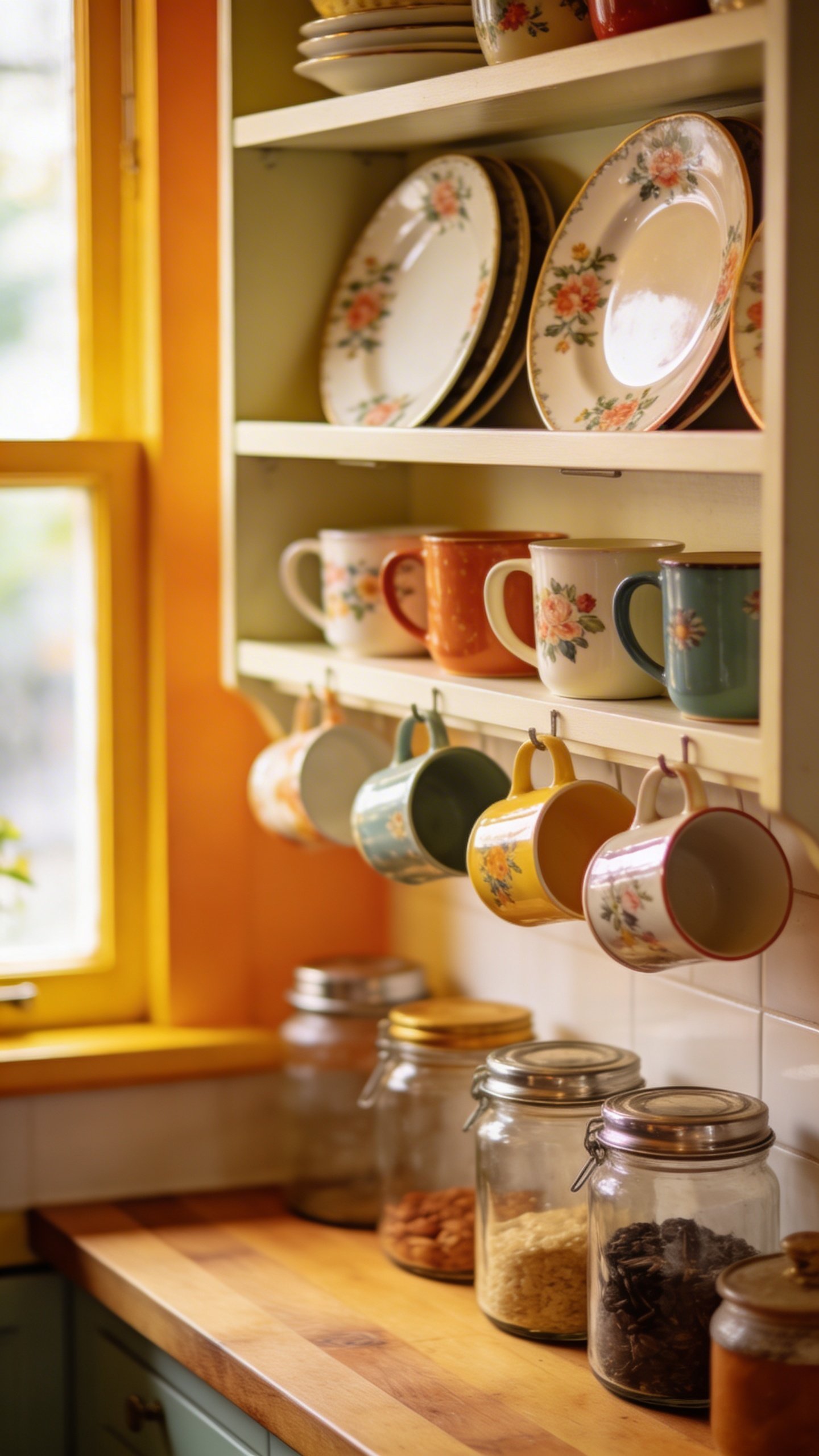 Bright kitchen corner featuring retro dishware neatly displayed