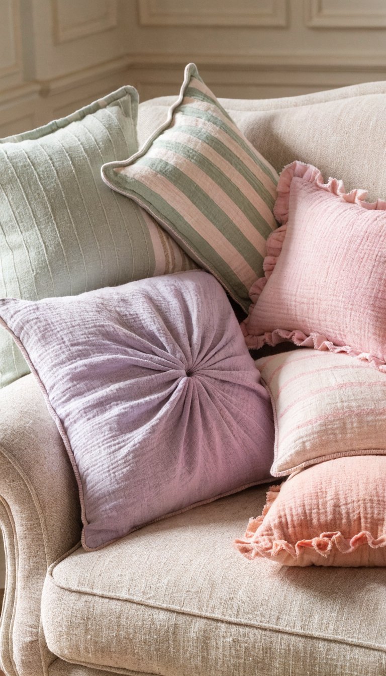 Soft pastel throw pillows on a neutral sofa