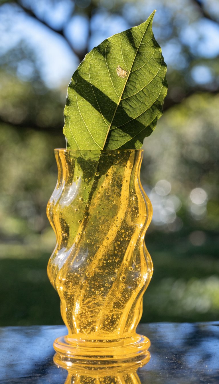 Sunny yellow vase with a single green leaf