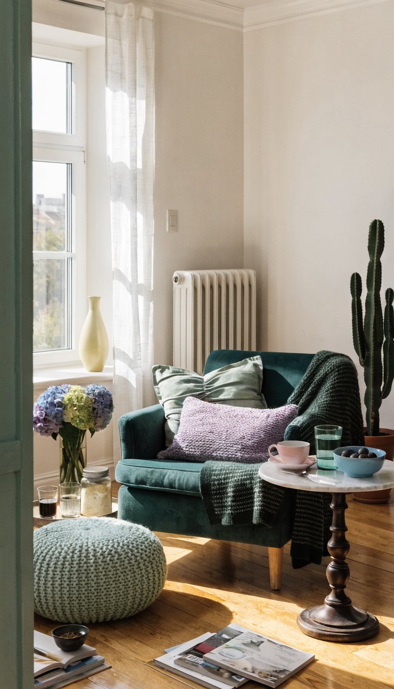 Minimal cluttered living room with light pastel accents