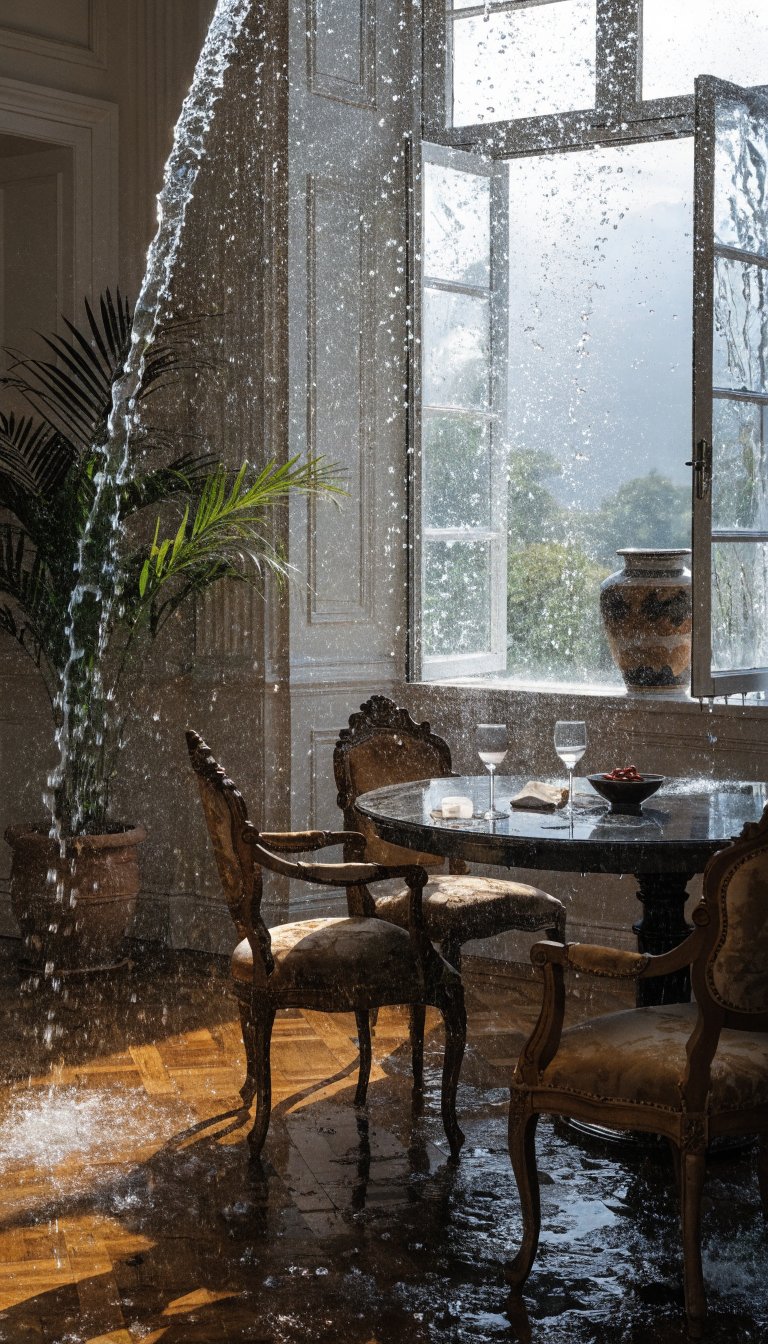 Open window flooding a bright, airy dining area