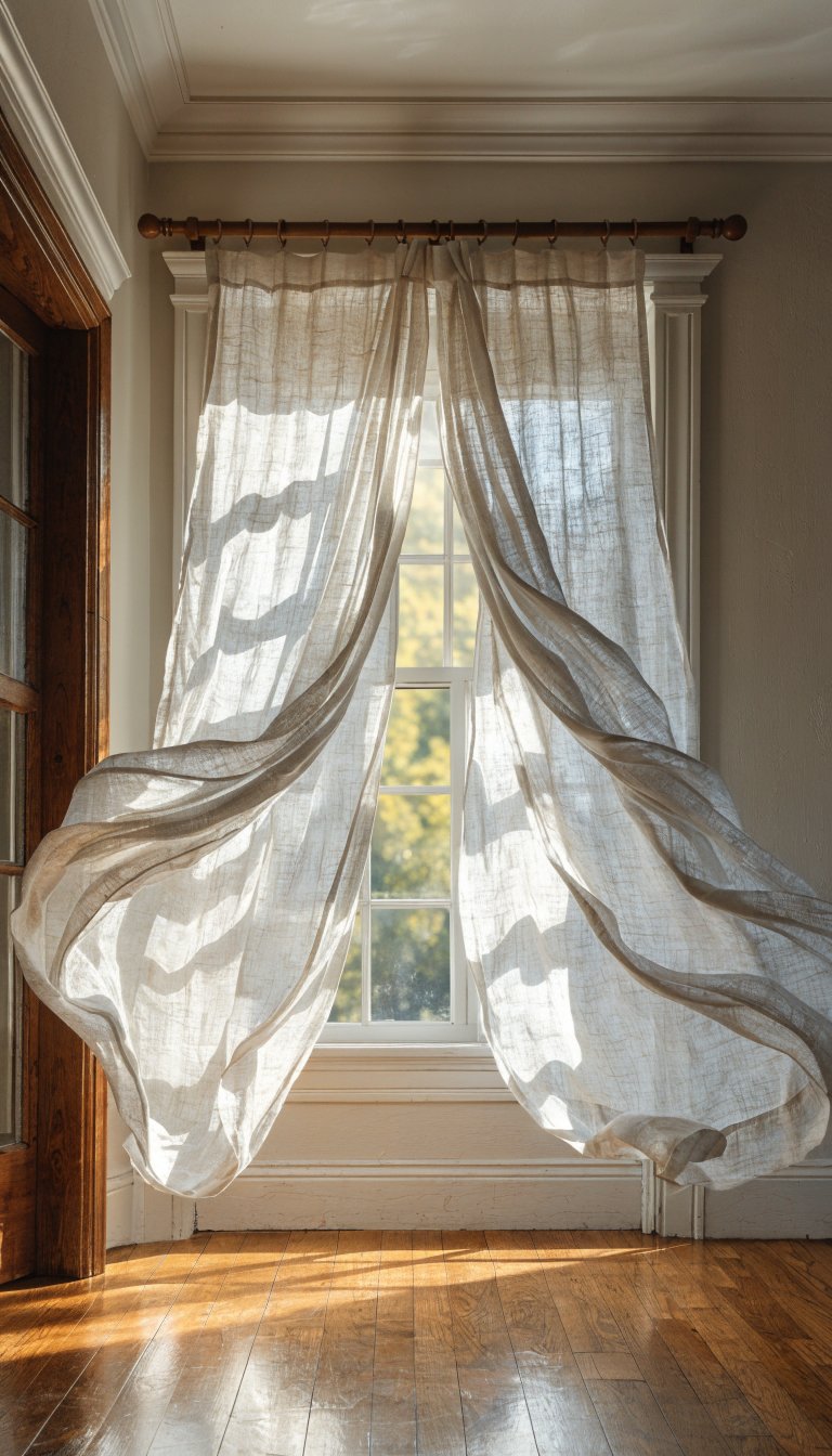 Lightweight sheer curtains billowing in sunlit room