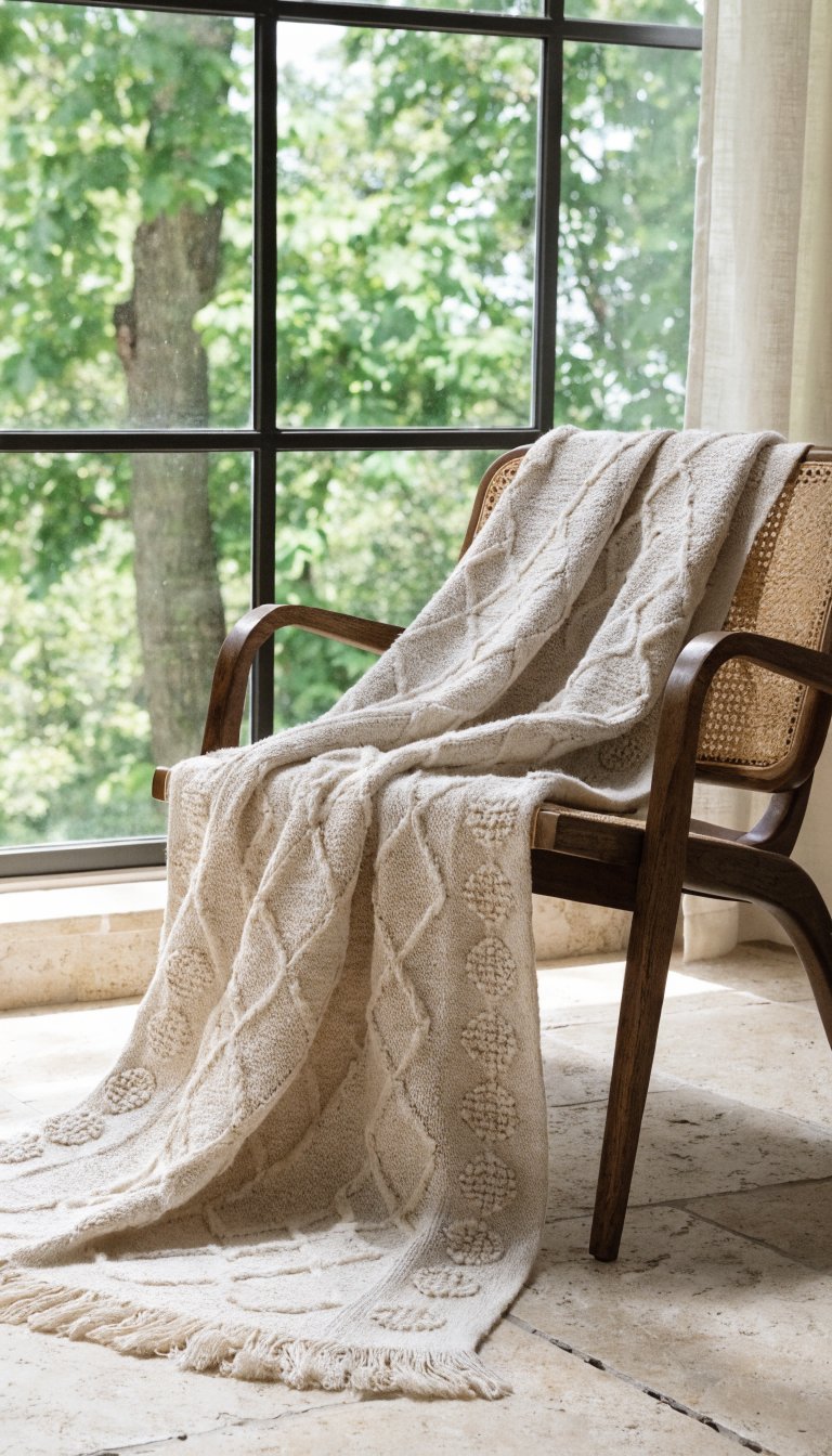 Neutral blanket draped over chair in spring palette