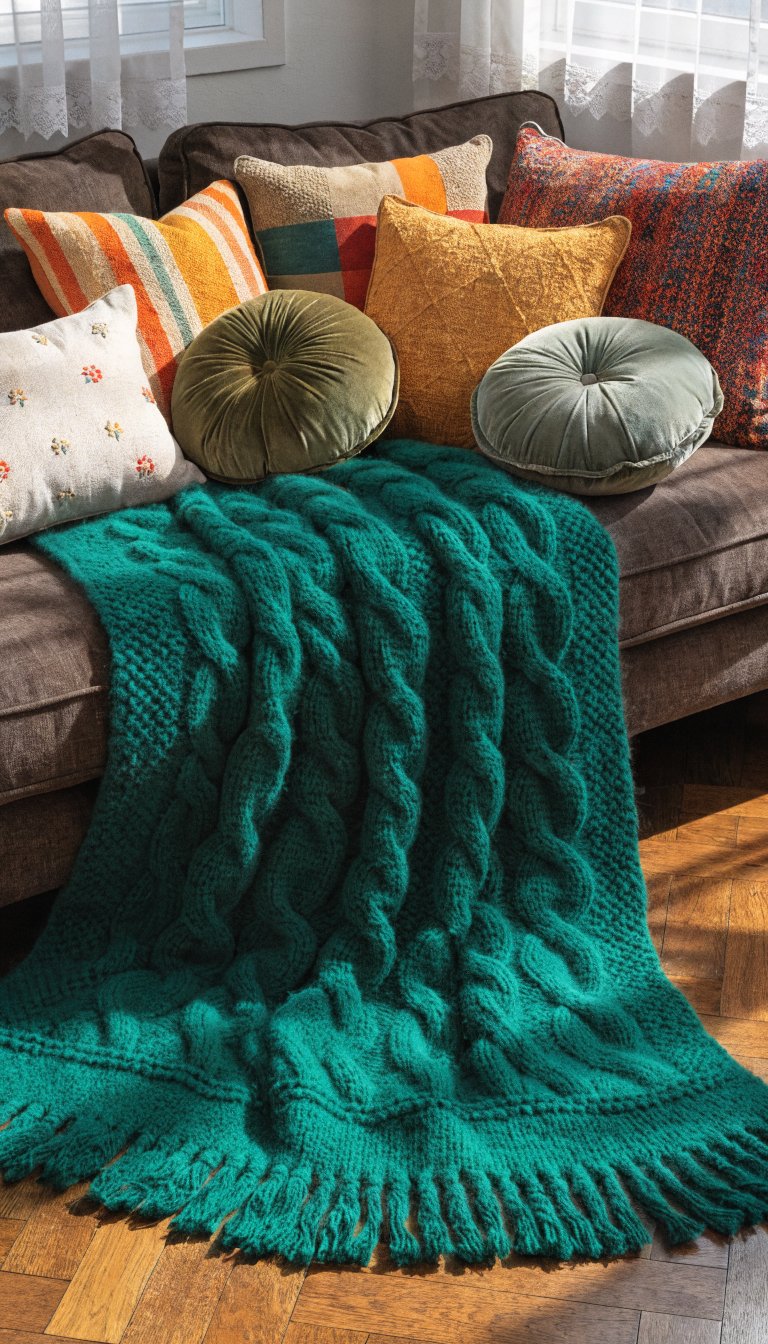 Emerald green throw blanket draped on sofa with colorful cushions