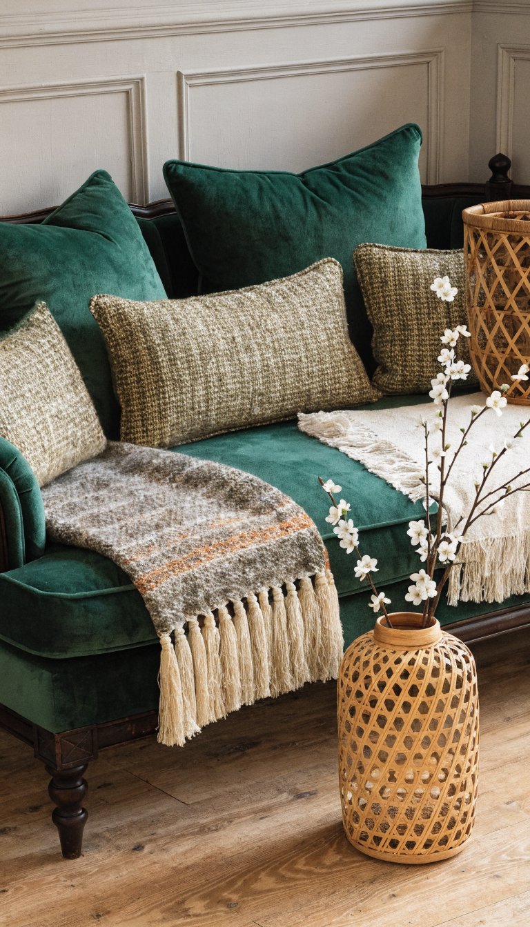 Layered spring textures: velvet, rattan, and fringed textiles on couch