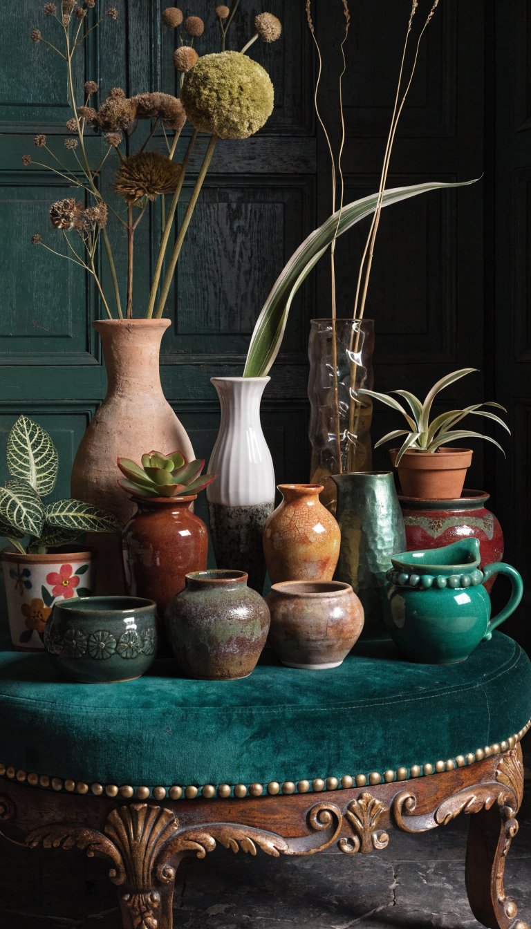 Curated curiosities on ottoman: vintage ceramics and plants