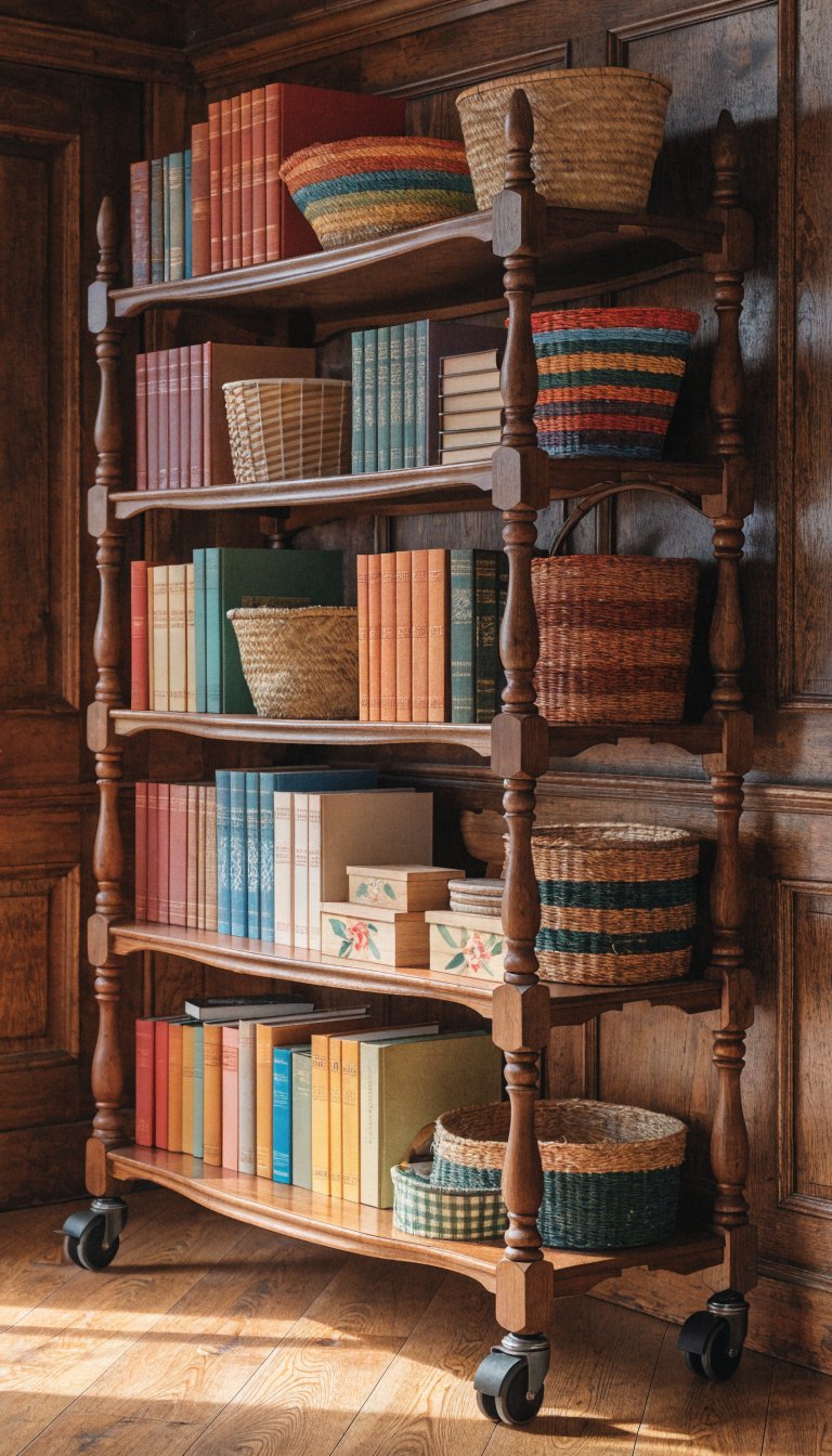 Moveable shelving unit with colorful books and baskets