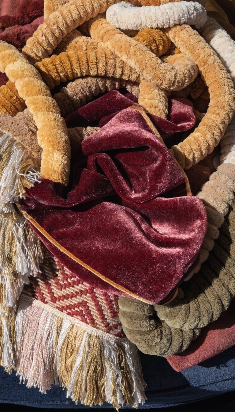 Close-up of tactile fabrics: velvet, chenille, and tassel trim