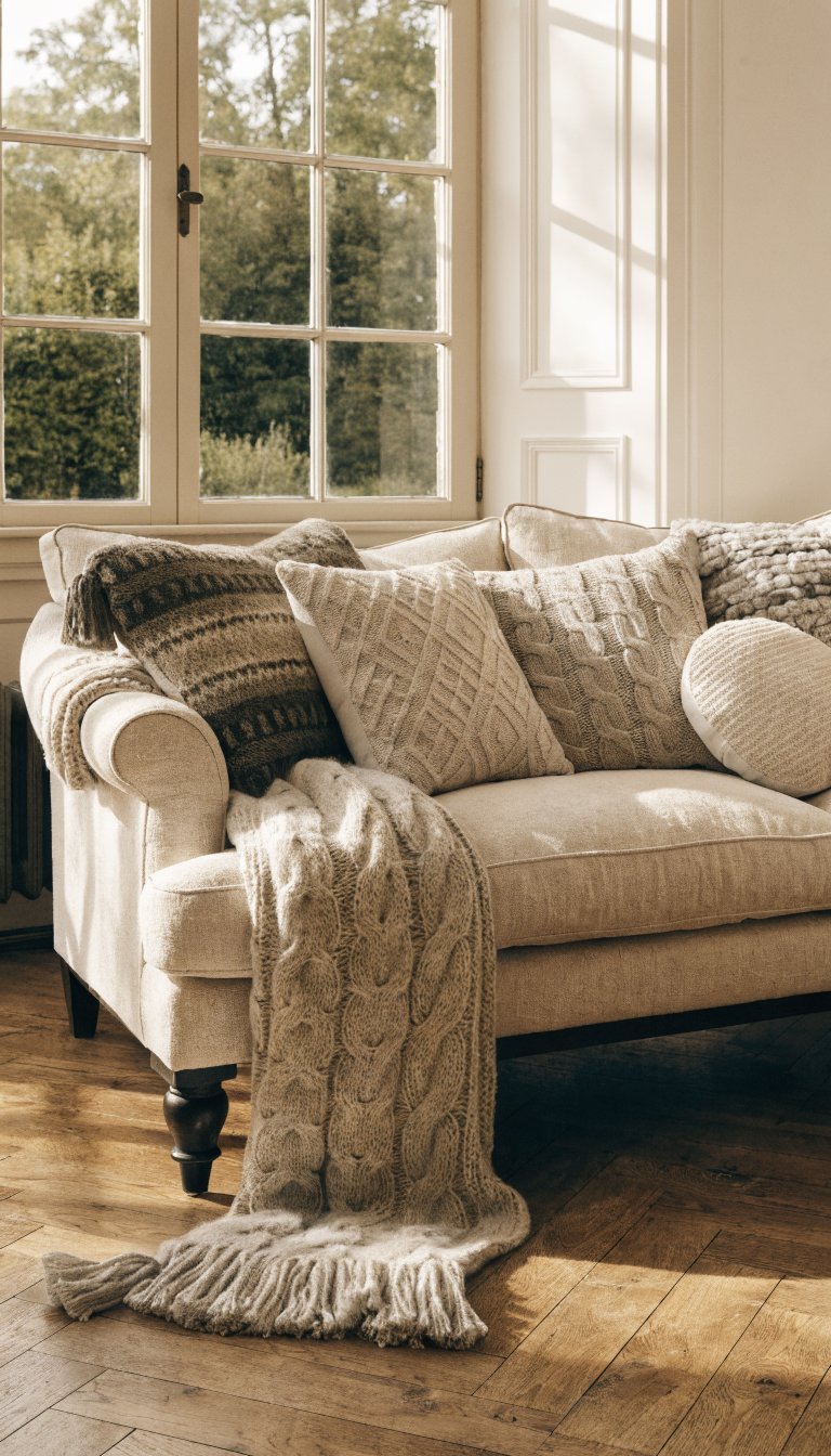 Cream sofa with layered throw and textured cushions
