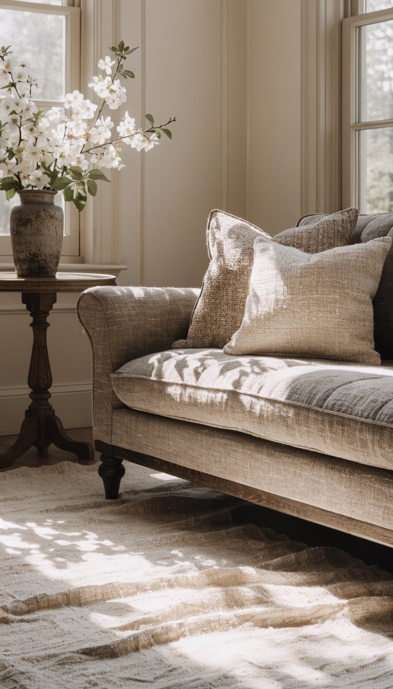 Light linen rug under taupe sofa, soft spring light