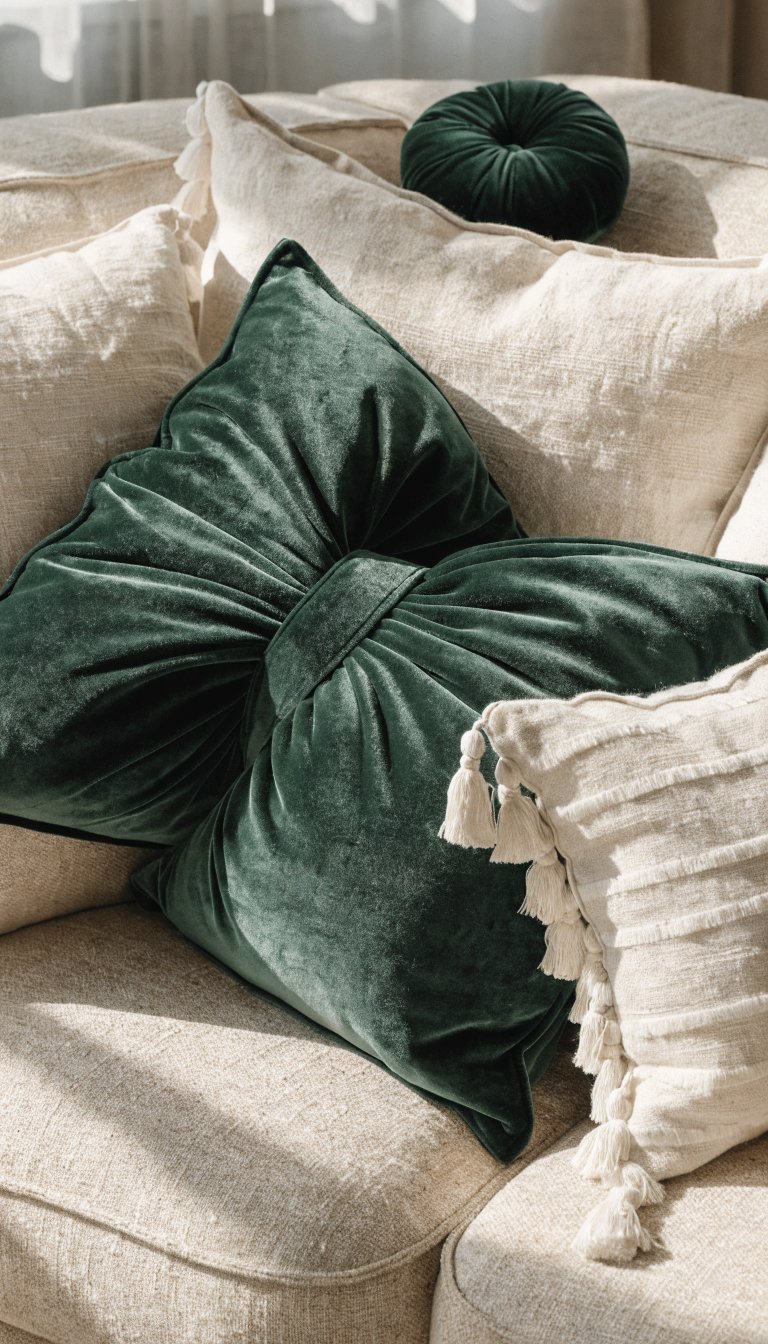 Velvet and linen cushions on neutral sofa, close-up