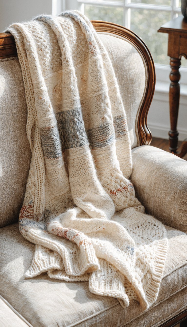 Knit throw over back of sofa, subtle pattern mix