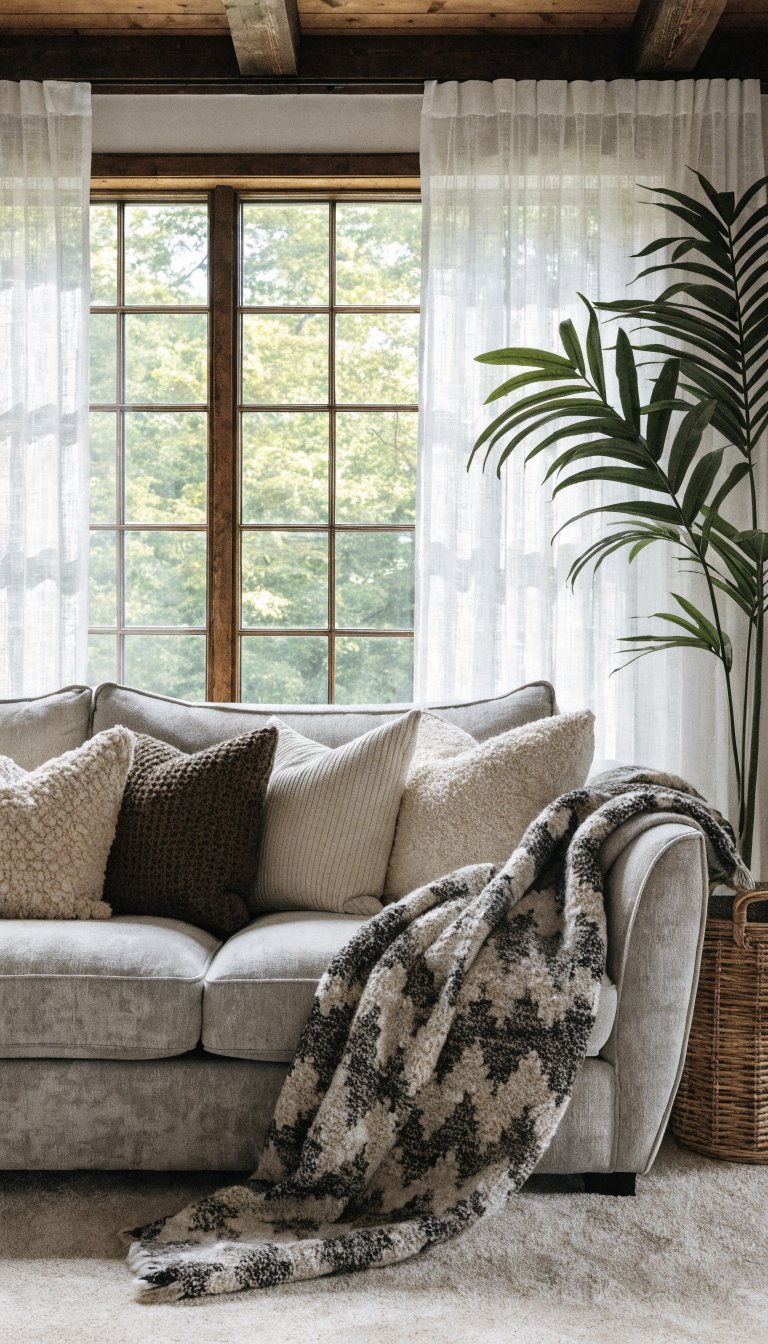 Soft gray sofa, big patterned throw, small cushions