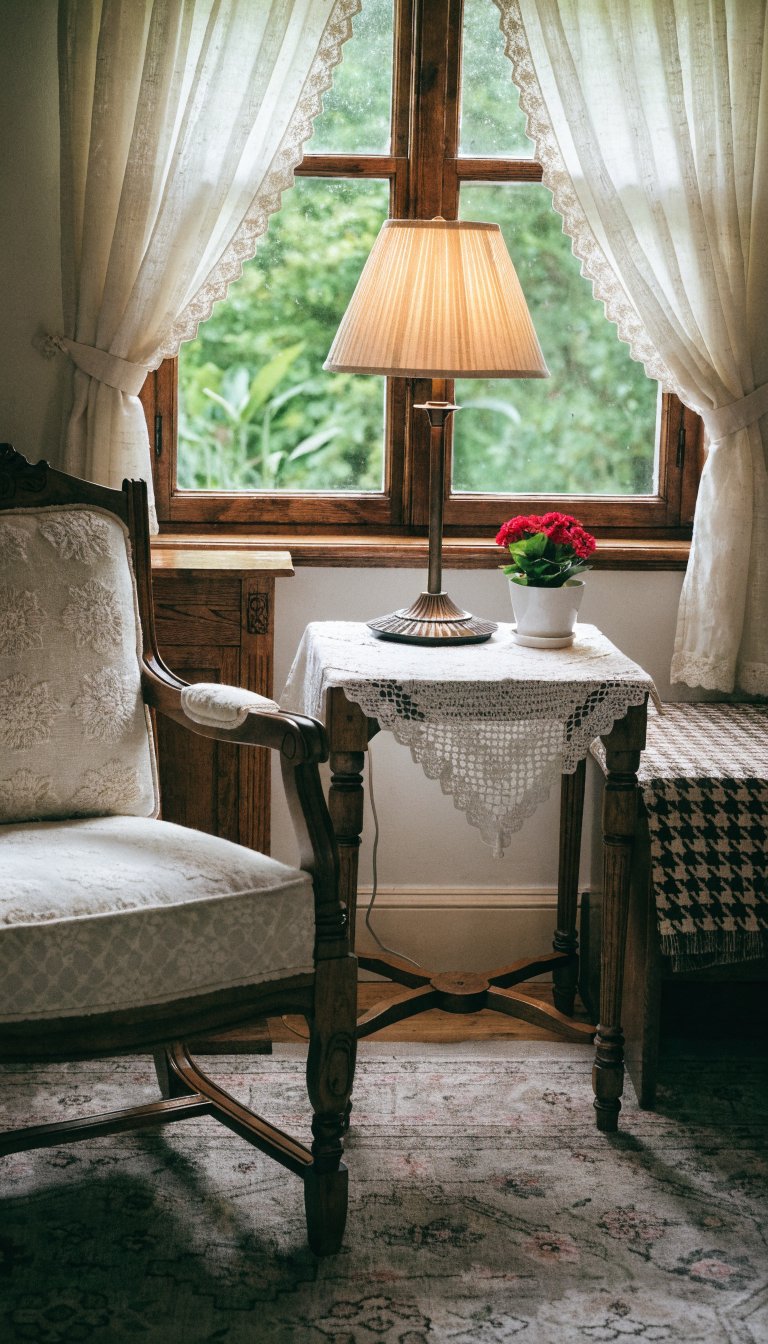 cozy cottage living room corner with soft ivory walls