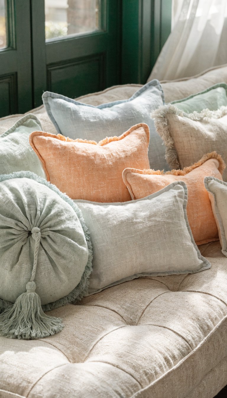 oatmeal linen sofa with pastel cushions close-up