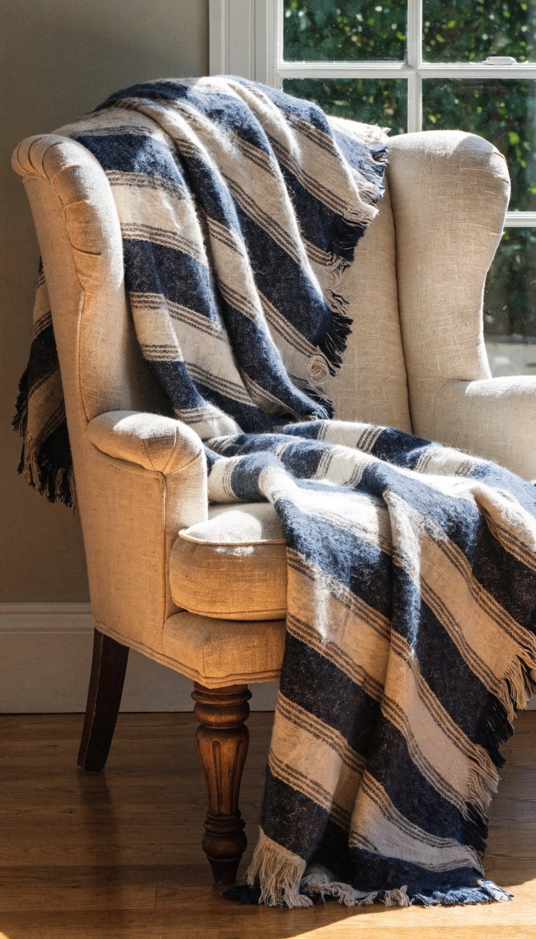 striped throw draped over cream armchair shot