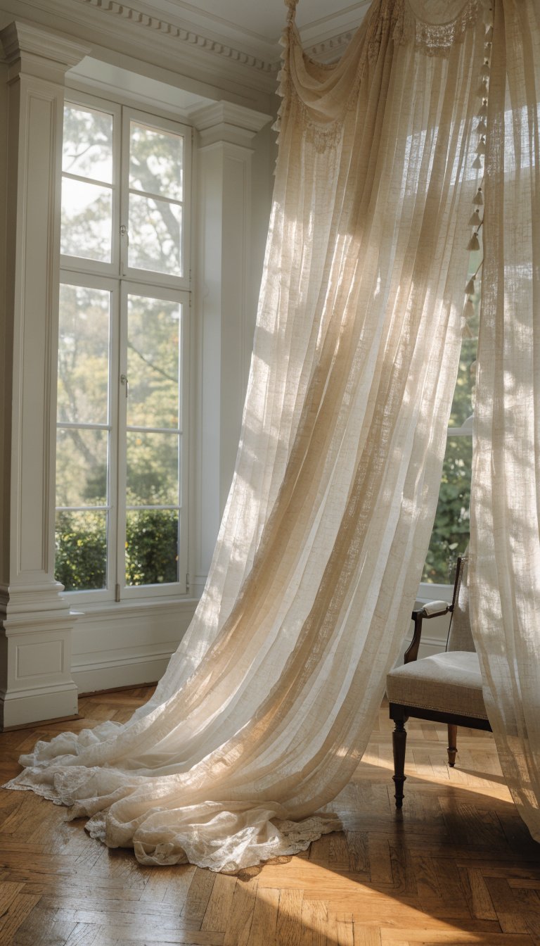cream curtains, soft neutrals, spring glow atmosphere