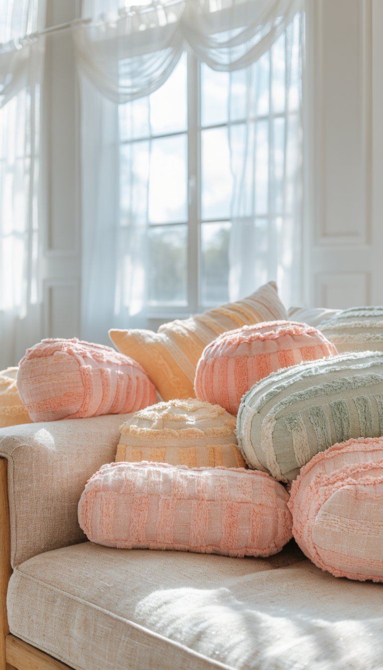 pastel cushions on linen sofa, airy backdrop