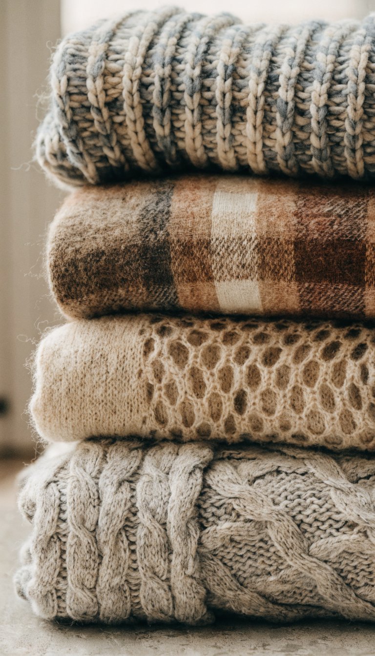 close-up of cozy blanket textures on neutral palette