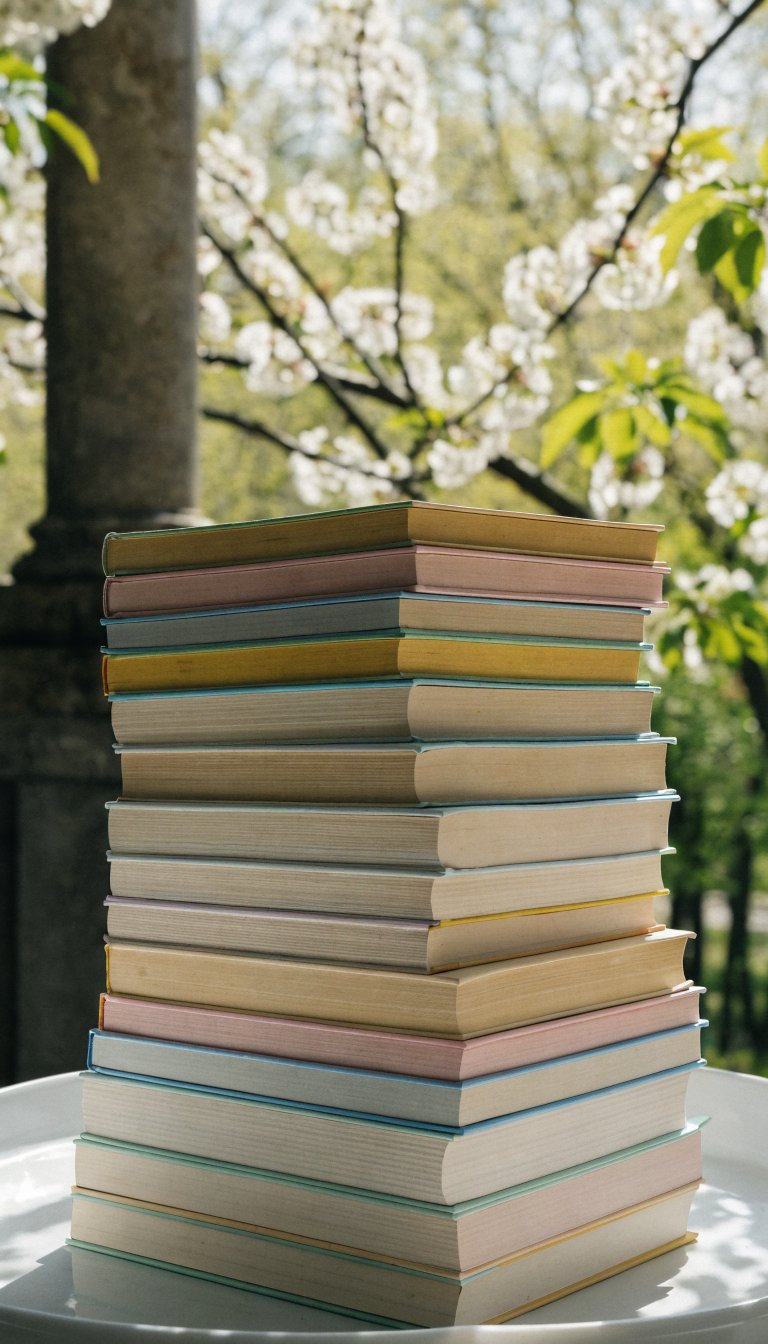 pastel paperback stack on a white tray, spring light