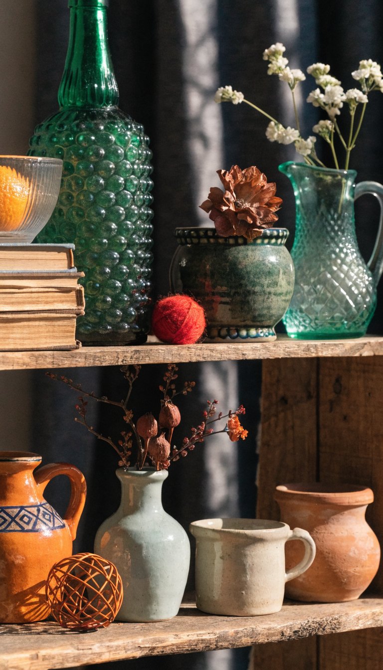 mini shelf vignette with vintage finds and books