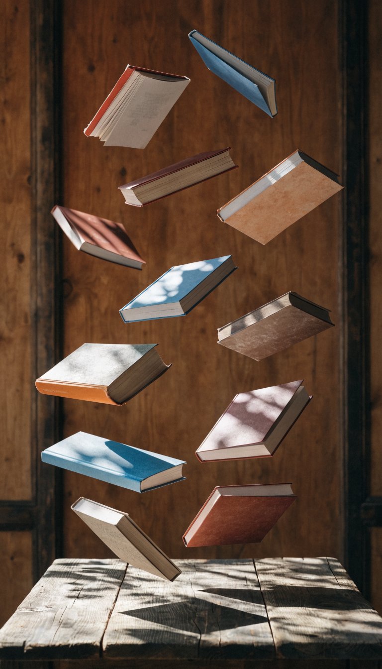 drift of paperback favorites on rustic wood surface