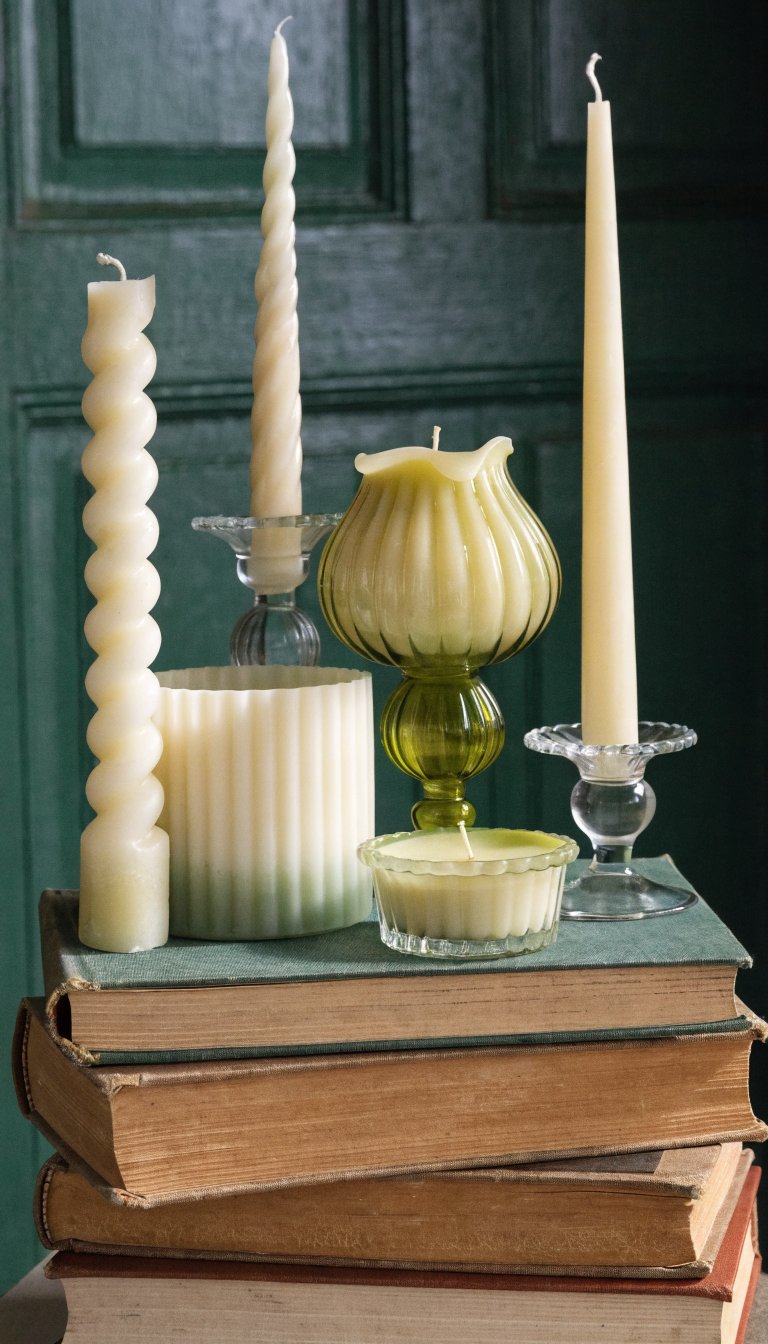 stack of books with scented candles, soft shadows