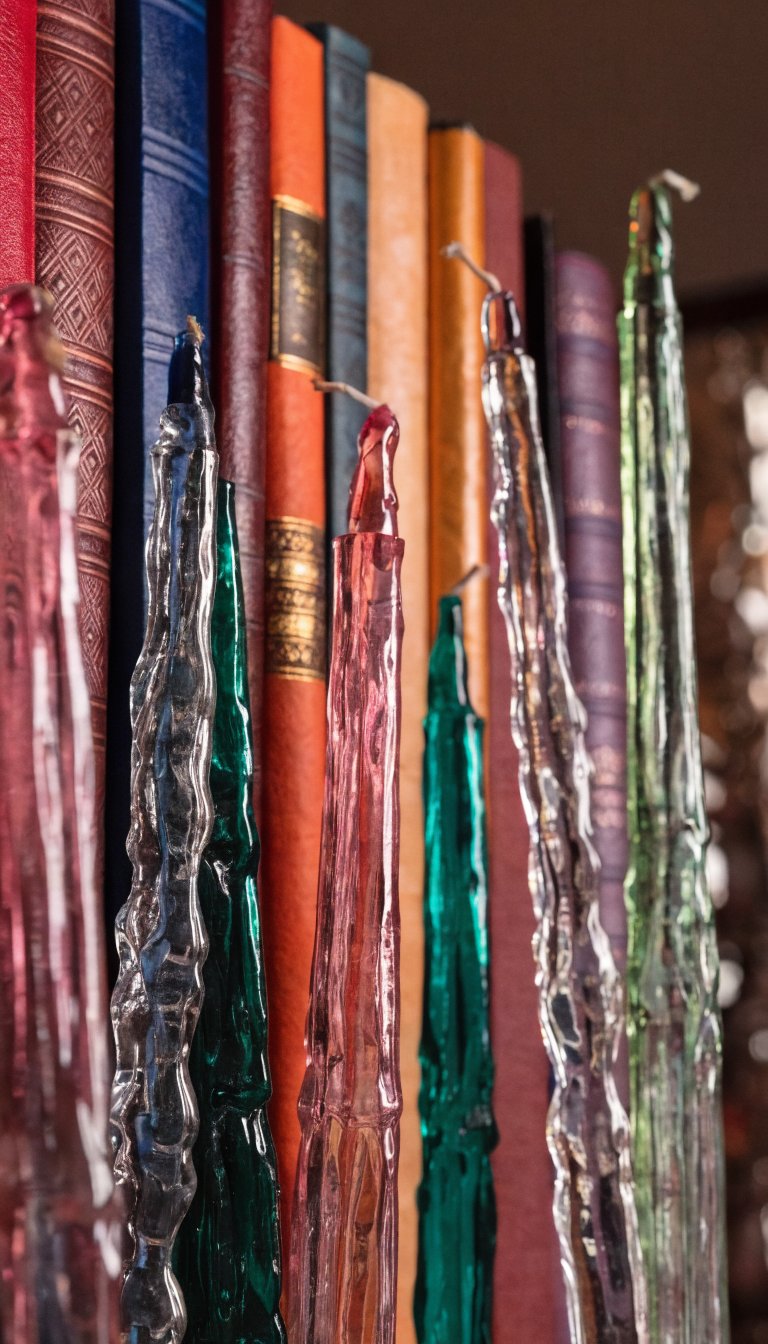 close-up of colorful book spines and delicate candles