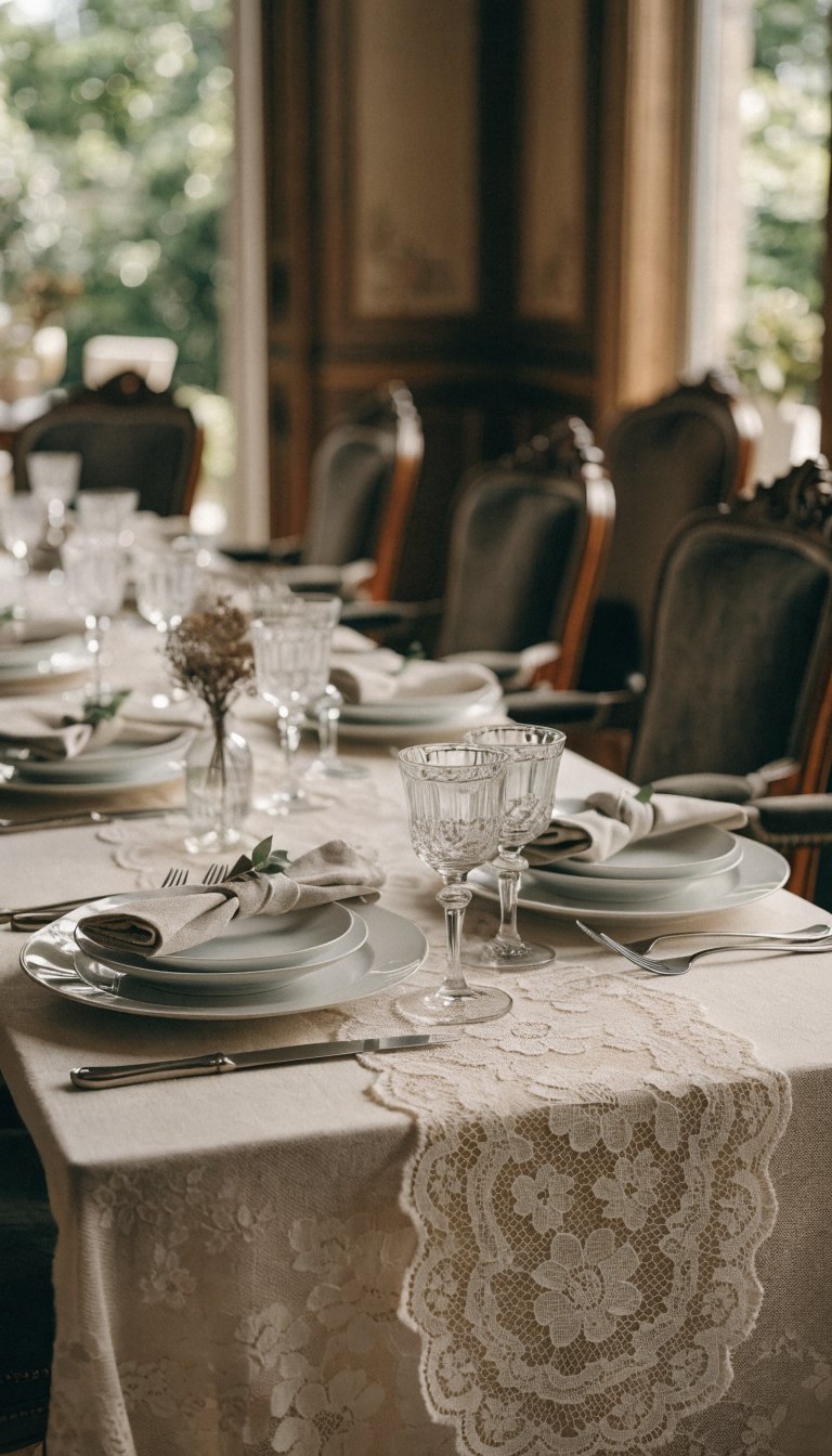 Ivory table with lace runner and linen napkins